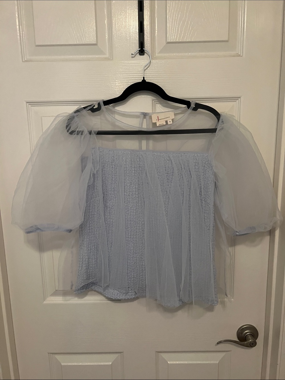Anthropologie Pale Blue Sheer Puff-Sleeve Blouse